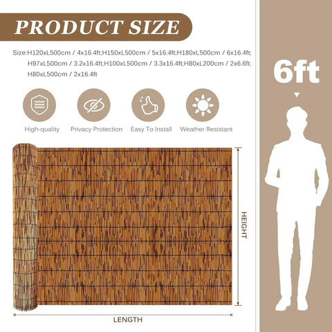 Product size diagram of Privacy Bamboo Fence Roll For Outdoor Spaces Coffee Color 2.6x6.6ft with durable features and human scale
