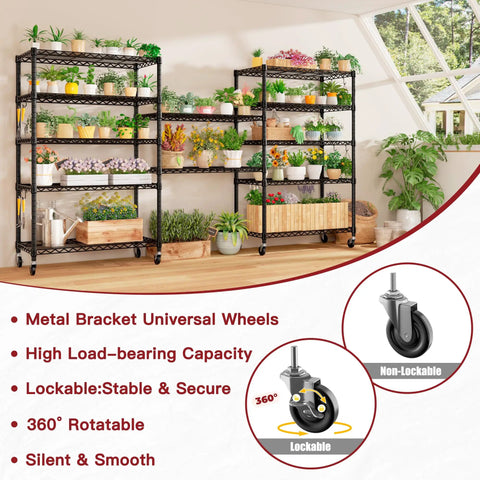 Six Tier Beefy Wire Shelving On Wheels For Garage Storage 36 Inch Wide By 18 Inch Deep By 78 Inch High Heavy Duty Steel Construction Holds Up To 1500 Lbs Total Capacity Per Shelf 250 Lbs Mobile Rack, black metal shelves with potted plants