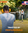 Shooter aiming at Beefy AR500 Steel Target Silhouette Built Tough For Real Range Sessions 12 By 20 Inches with ear protection