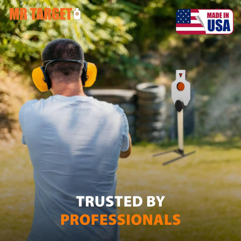 Shooter aiming at Beefy AR500 Steel Target Silhouette Built Tough For Real Range Sessions 12 By 20 Inches with ear protection