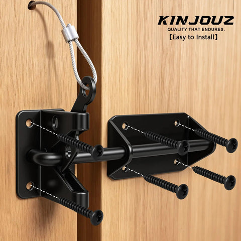 Tough As Nails Heavy Duty Gate Latch With Cable Pull For Wooden Fence, black steel latch installed on wooden gate with screws.