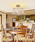 Boho Farmhouse 2 Light Wood Beaded Semi Flush Mount Ceiling Light in Deep Oak above dining table, premium wood beads.