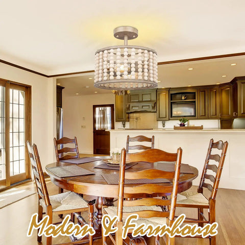 Boho Farmhouse 2 Light Wood Beaded Semi Flush Mount Ceiling Light in Deep Oak above dining table, premium wood beads.