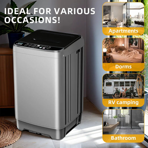 Super Compact Portable Washing Machine Grey Fully Automatic Top Load Washer Featuring A Roomy Honeycomb Tub in a stylish indoor setting.