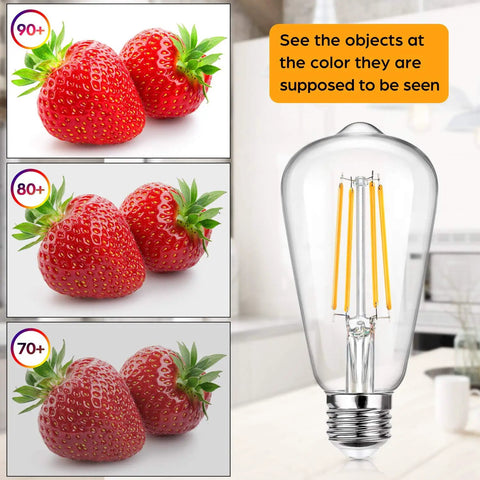Strawberry color comparison next to 12 Pack Dimmable Vintage LED Edison Bulbs 60W Equivalent 7W Warm White 2700K ST58