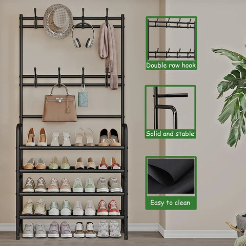 Freestanding Coat Rack And Shoe Organizer With Storage Shelf 4 Tier And 8 Hooks Black Steel For Entryway Bedroom Closet Or Dorm Durable Metal Construction