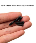 Top Shelf Red Dot Sight Screw Kit With M3 M3.5 And M4 Torx Anti Stripping Bolts Plus M4 Hex Picatinny Mounts slick tight black oxide screws in hand.
