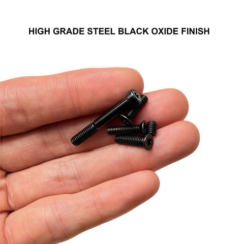 Top Shelf Red Dot Sight Screw Kit With M3 M3.5 And M4 Torx Anti Stripping Bolts Plus M4 Hex Picatinny Mounts slick tight black oxide screws in hand.