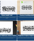 Stamps with 'Revised,' 'Confidential,' 'Scanned,' and 'Duplicate' designs on paper, related to Go To Small Duo Hand Stamp For Mail And Parcels