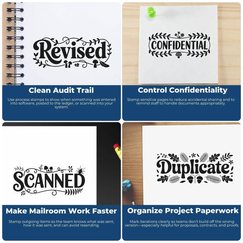 Stamps with 'Revised,' 'Confidential,' 'Scanned,' and 'Duplicate' designs on paper, related to Go To Small Duo Hand Stamp For Mail And Parcels