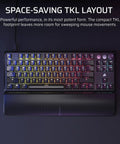 Dope K70 Pro Rgb Tenkeyless Mechanical Gaming Keyboard Featuring Pre Lubed Hall Effect Switches And Lightning Fast Rapid Trigger Tech with colorful backlighting and wrist rest.