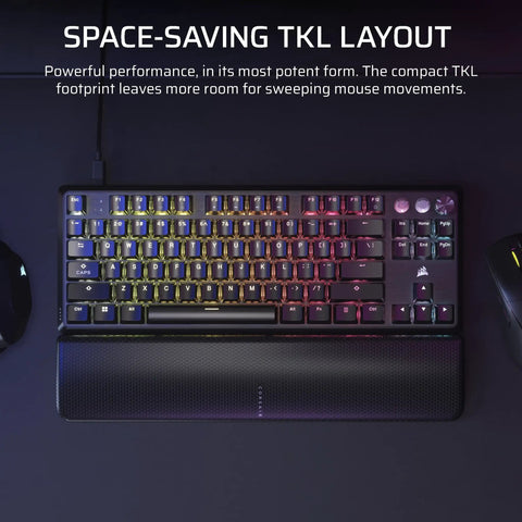 Dope K70 Pro Rgb Tenkeyless Mechanical Gaming Keyboard Featuring Pre Lubed Hall Effect Switches And Lightning Fast Rapid Trigger Tech with colorful backlighting and wrist rest.