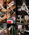 Collage of 18 In 1 Survival Multi Tool Pliers With Safety Lock And Pocket Clip in use for cutting, sawing, and opening bottles.