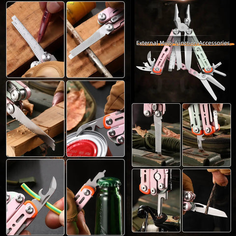 Collage of 18 In 1 Survival Multi Tool Pliers With Safety Lock And Pocket Clip in use for cutting, sawing, and opening bottles.