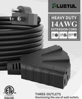 Close-up of 25 Ft Outdoor Extension Cord With Three Outlets, 14 Gauge SJTW Weatherproof Power Cable, 15A 125V 1875W ETL Listed.