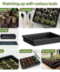 Collage showing Extra Thick Heavy Duty Seed Starting Trays Set Of 10 No Holes and gardening tools like peat pots and heat mats.