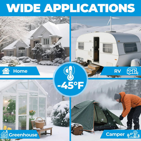 30ft heated water hose for RV; antifreeze to -45°F; collage shows home, RV, greenhouse, and camping uses