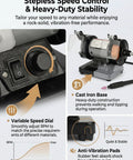 Mini Bench Grinder And Polisher With Variable Speed highlighting speed control and heavy-duty stability features.
