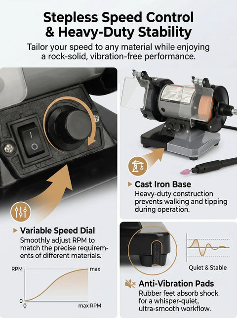 Mini Bench Grinder And Polisher With Variable Speed highlighting speed control and heavy-duty stability features.