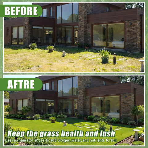2 Pack No Assembly Required Pro Grade Lawn Aerator Shoes With Heavy Duty Spikes, showing lawn improvement before and after.