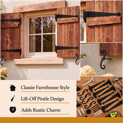 Eight Piece Steel Blind Shutter Hinges Set 11.75 Inch Black Wrought Iron Offset Pintle Strap Hinges With Four S Hooks Kit