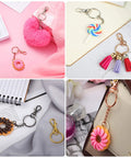 Four colorful keychains featuring a heart, lollipop, tassels, and donut, highlighting Heavy Duty 100 Piece Swivel Clasp Kit.
