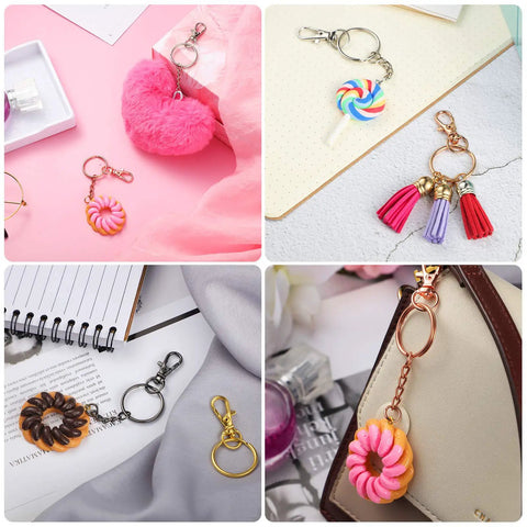 Four colorful keychains featuring a heart, lollipop, tassels, and donut, highlighting Heavy Duty 100 Piece Swivel Clasp Kit.