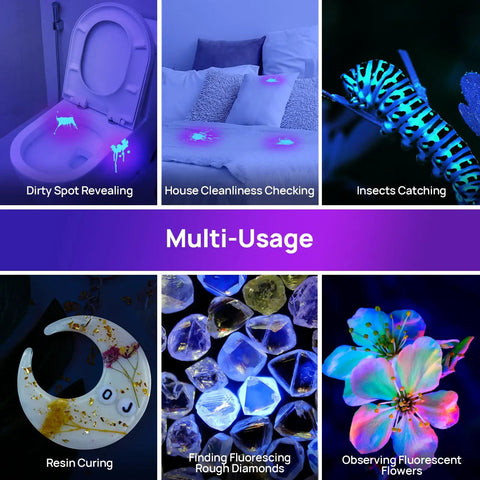 UV Flashlight Black Light 12 LED 395nm Ultraviolet Detector showcasing multi-usage applications like stain detection and insect catching