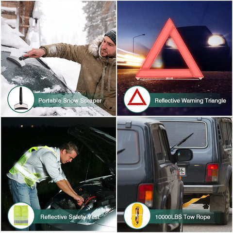 Roadside Emergency Kit For Cars With Jumper Cables Safety Hammer And Reflective Warning Triangle All In One Auto Vehicle Safety Essentials showing various tools