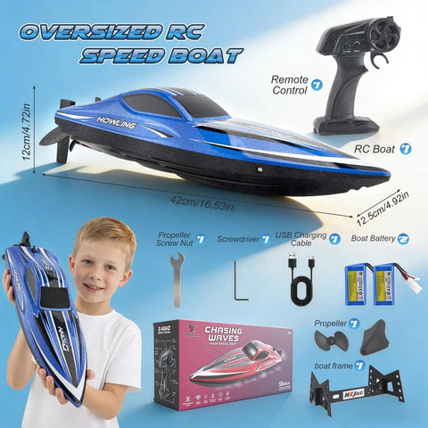 Beast Speed 35KMH RC Boat With LED Lights, 2.4GHz Remote, Self Righting Hull, 30+ Minutes Run Time, Blue 16 Inch Watercraft