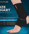 Unisex Ankle Support Brace For Sprained Ankle, Stabilizer Sleeve in Black, Size L XL on foot with size chart in background