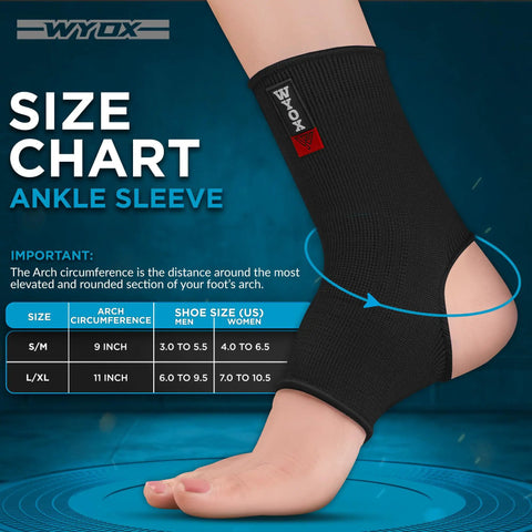 Unisex Ankle Support Brace For Sprained Ankle, Stabilizer Sleeve in Black, Size L XL on foot with size chart in background