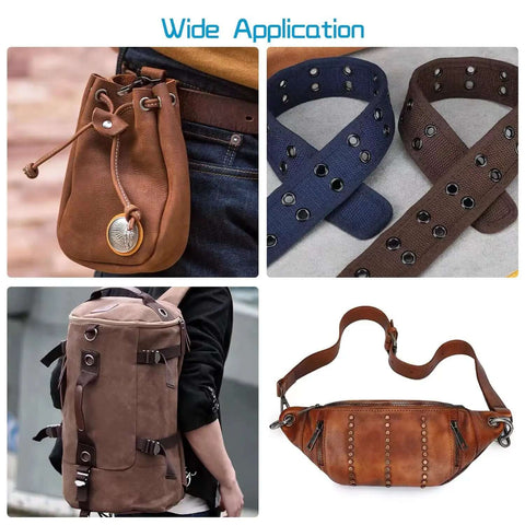 Various applications showcasing Eyelet Kit With 110 Sets In Black And Silver, includes belts and bags with quarter inch grommets.
