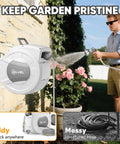 Heavy Duty Retractable Garden Hose Reel With 100 Ft Of Half Inch Hose mounted on wall with user watering plants