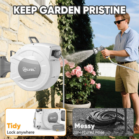 Heavy Duty Retractable Garden Hose Reel With 100 Ft Of Half Inch Hose mounted on wall with user watering plants