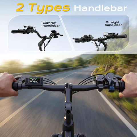 View from Powerful 1000W Peak Electric Bike For Adults with 48V Battery And 22 MPH Top Speed showing two types of handlebars