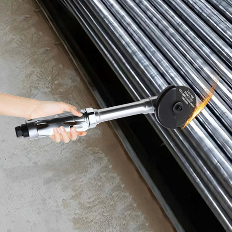 Person using the Three Inch Pneumatic Cut Off Tool With Six Replaceable Blades 18000 RPM High Speed Cutter on metal pipes.