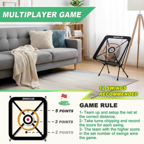 Chipping Net Indoor Outdoor Golf Practice Target With Center Target And Three Dynamic Baskets Includes Tee And Balls Pro Grade Durable Aluminum Frame Perfect Backyard Game Gift For Golfers in living room setup