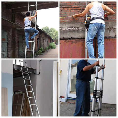 Twelve And A Half Foot Aluminum Telescoping Ladder That Extends From Compact Fold To Full Height With Non Slip Rungs in use outdoors
