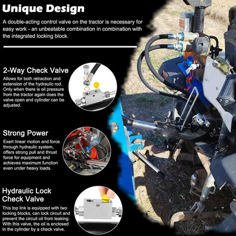 Hydraulic Top Link Cat 1 1 with Locking Block, Two Hoses, and Two Way Check Valve Cylinder Set installed on tractor equipment.