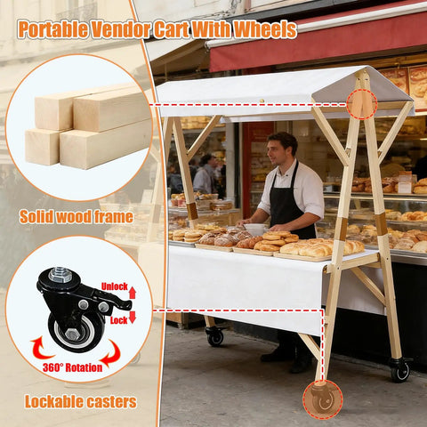 Portable Farmers Market Stand With Foldable Canopy On Wheels For Street Vending And Outdoor Events Sturdy Wooden Vendor Cart