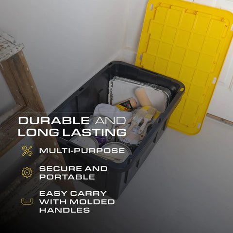 Beefy 27 Gallon Heavy Duty Stackable Storage Bins with lids showing storage of painting tools, ideal for organization.