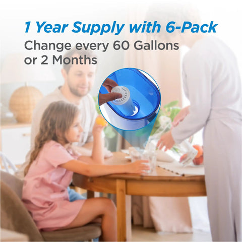 Family using Standard Pitcher Replacement Water Filters BPA Free For Fresh Tasting Water Up To 60 Gallons NSF Certified White 6 Pack