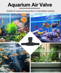 Collage of aquariums with fish and central image of 15 Pack Aquarium Air Flow Valves For 3/16 Inch ID Airline Tubing T Shaped Adjustable Black Plastic Air Flow Regulator For Fish Tank Prevent Backflow And Maintain Clear Oxygen Rich Water.