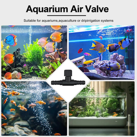 Collage of aquariums with fish and central image of 15 Pack Aquarium Air Flow Valves For 3/16 Inch ID Airline Tubing T Shaped Adjustable Black Plastic Air Flow Regulator For Fish Tank Prevent Backflow And Maintain Clear Oxygen Rich Water.