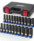 Half Inch Drive Deep Heavy Duty Impact Socket Set Pro Grade 22-Piece CR-MO Steel 6-Point Sockets For Impact Wrench SAE And Metric Sizes