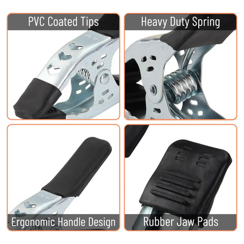 Close-up of Beast Mode Spring Clamps Set 8 Pack 6 Inch with PVC Coated Tips showing ergonomic handle and rubber jaw pads.