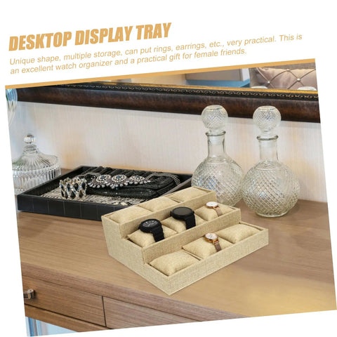 Top Linen Watch Tray With 9 Grids For Jewelry And Watch Storage, khaki linen valet dish on a wooden desk.