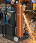 Beefy Heavy Duty Rolling Welder Cart With 360 Swivel Wheels supporting MIG welding machine and plasma cutter tank