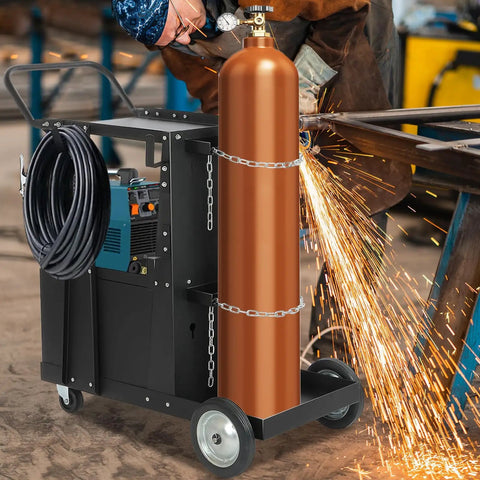 Beefy Heavy Duty Rolling Welder Cart With 360 Swivel Wheels supporting MIG welding machine and plasma cutter tank